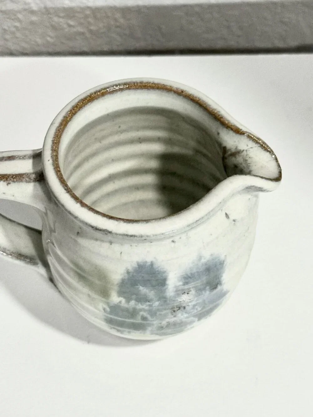 Handcrafted Studio Pottery Creamer with Handle Floral Glaze Gray Blue Green 4